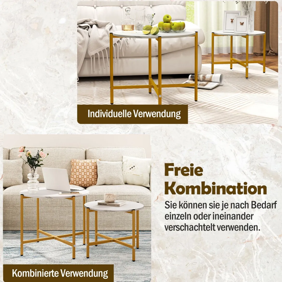 Runder Couchtisch Set mit Metallrahmen Stapelbare CouchtischeBeistelltisch Set Weiß