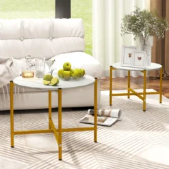 Runder Couchtisch Set mit Metallrahmen Stapelbare CouchtischeBeistelltisch Set Weiß