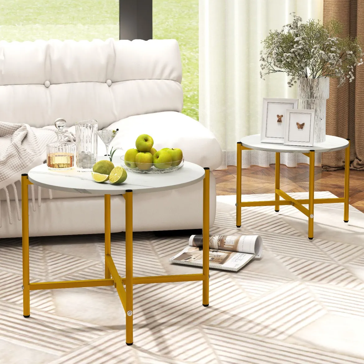 Runder Couchtisch Set mit Metallrahmen Stapelbare CouchtischeBeistelltisch Set Weiß