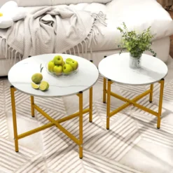 Runder Couchtisch Set mit Metallrahmen Stapelbare CouchtischeBeistelltisch Set Weiß