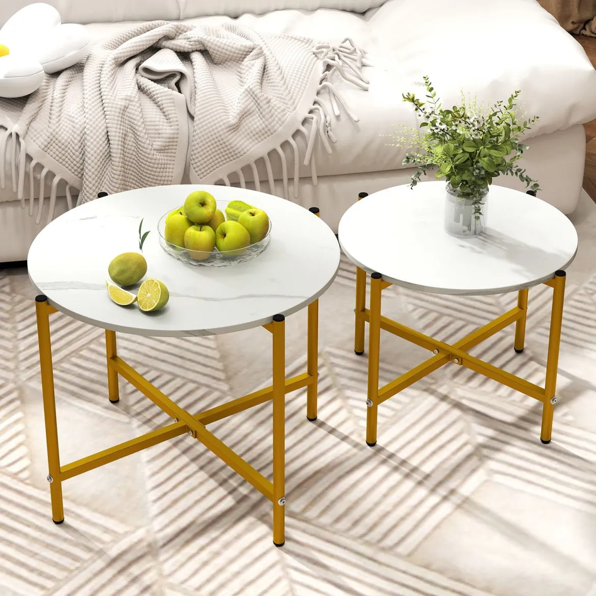 Runder Couchtisch Set mit Metallrahmen Stapelbare CouchtischeBeistelltisch Set Weiß