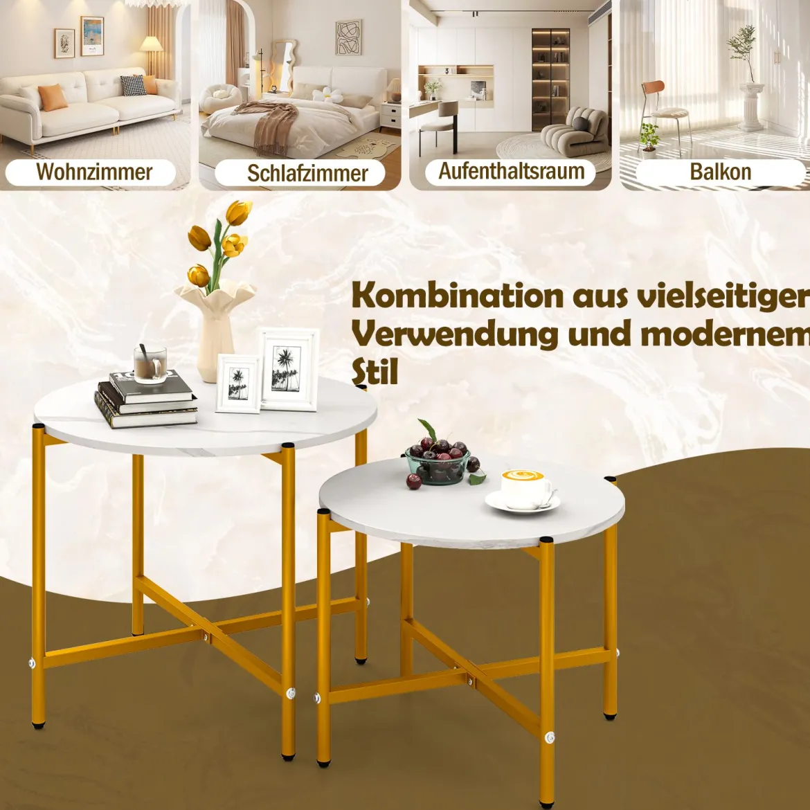 Runder Couchtisch Set mit Metallrahmen Stapelbare CouchtischeBeistelltisch Set Weiß