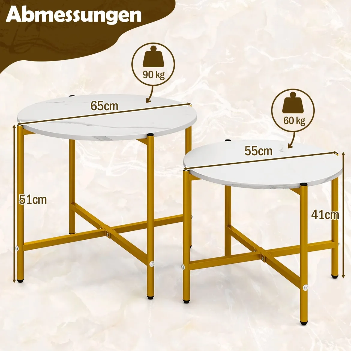 Runder Couchtisch Set mit Metallrahmen Stapelbare CouchtischeBeistelltisch Set Weiß