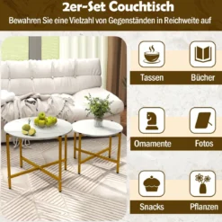 Runder Couchtisch Set mit Metallrahmen Stapelbare CouchtischeBeistelltisch Set Weiß