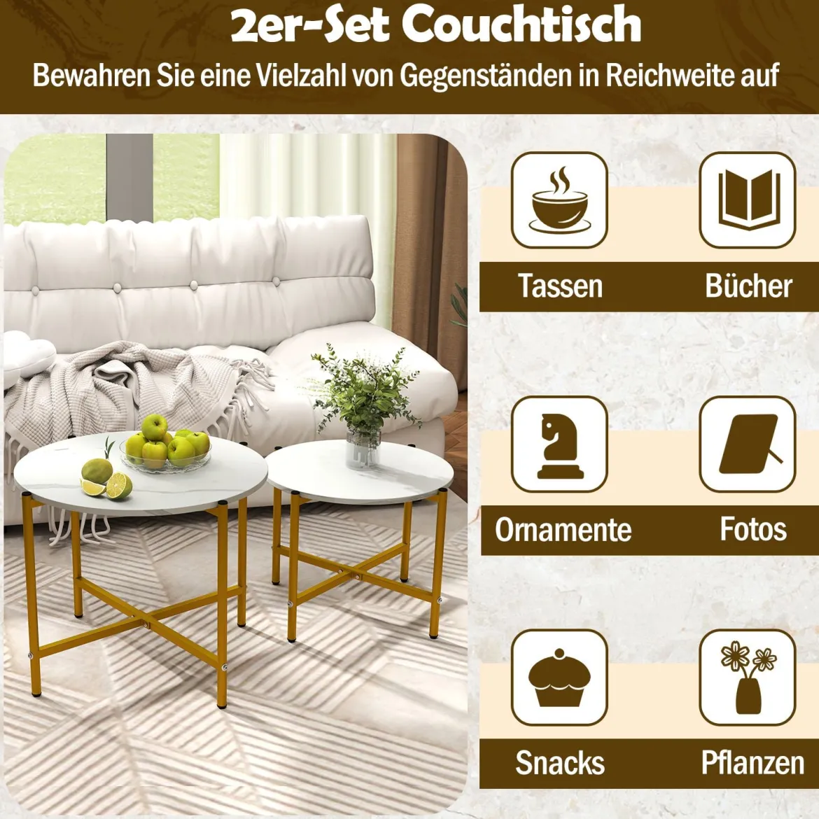 Runder Couchtisch Set mit Metallrahmen Stapelbare CouchtischeBeistelltisch Set Weiß