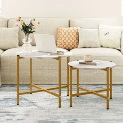Runder Couchtisch Set mit Metallrahmen Stapelbare CouchtischeBeistelltisch Set Weiß