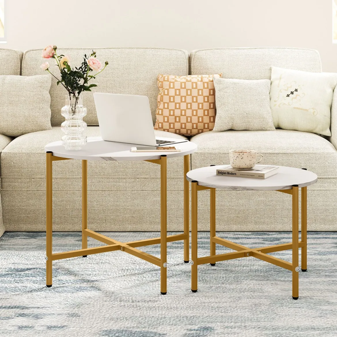 Runder Couchtisch Set mit Metallrahmen Stapelbare CouchtischeBeistelltisch Set Weiß