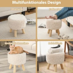 Runder Fußhocker Schminkhocker Ottomane mit Kunstpelzbezug und gepolstertem Sitz 34,5 x 35,5 cm Weiß