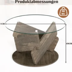 Runder Glastisch mit Gehärtetem Glastop & Massivholzrahmen Moderner Couchtisch φ 81cm
