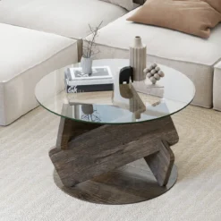 Runder Glastisch mit Gehärtetem Glastop & Massivholzrahmen Moderner Couchtisch φ 81cm