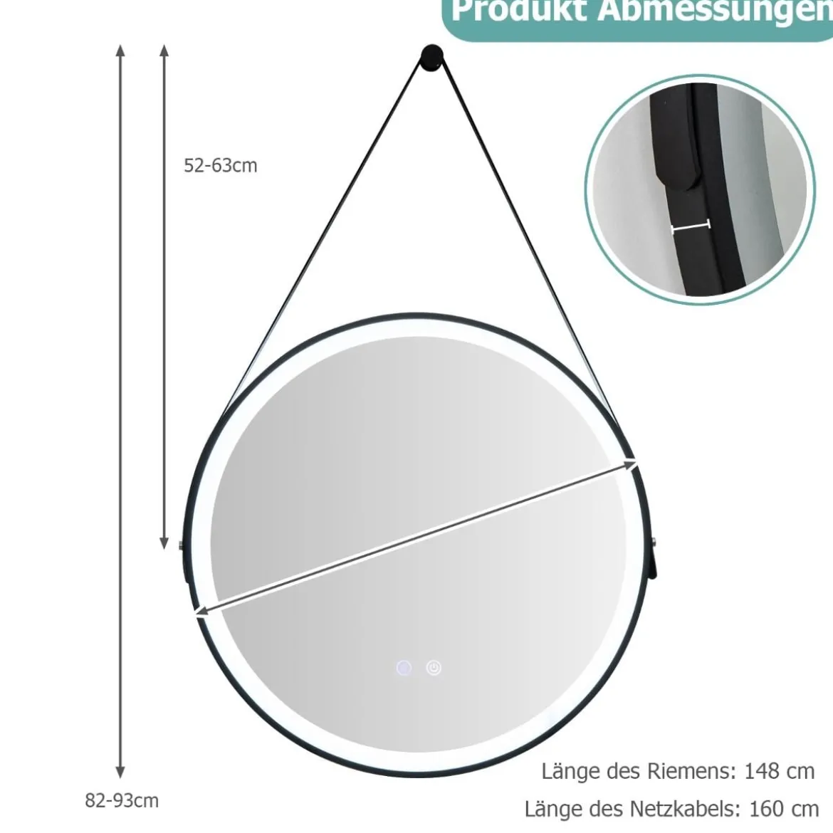 Runder LED-Badezimmerspiegel mit 3 Farbtemperaturen 61 cm Durchmesser
