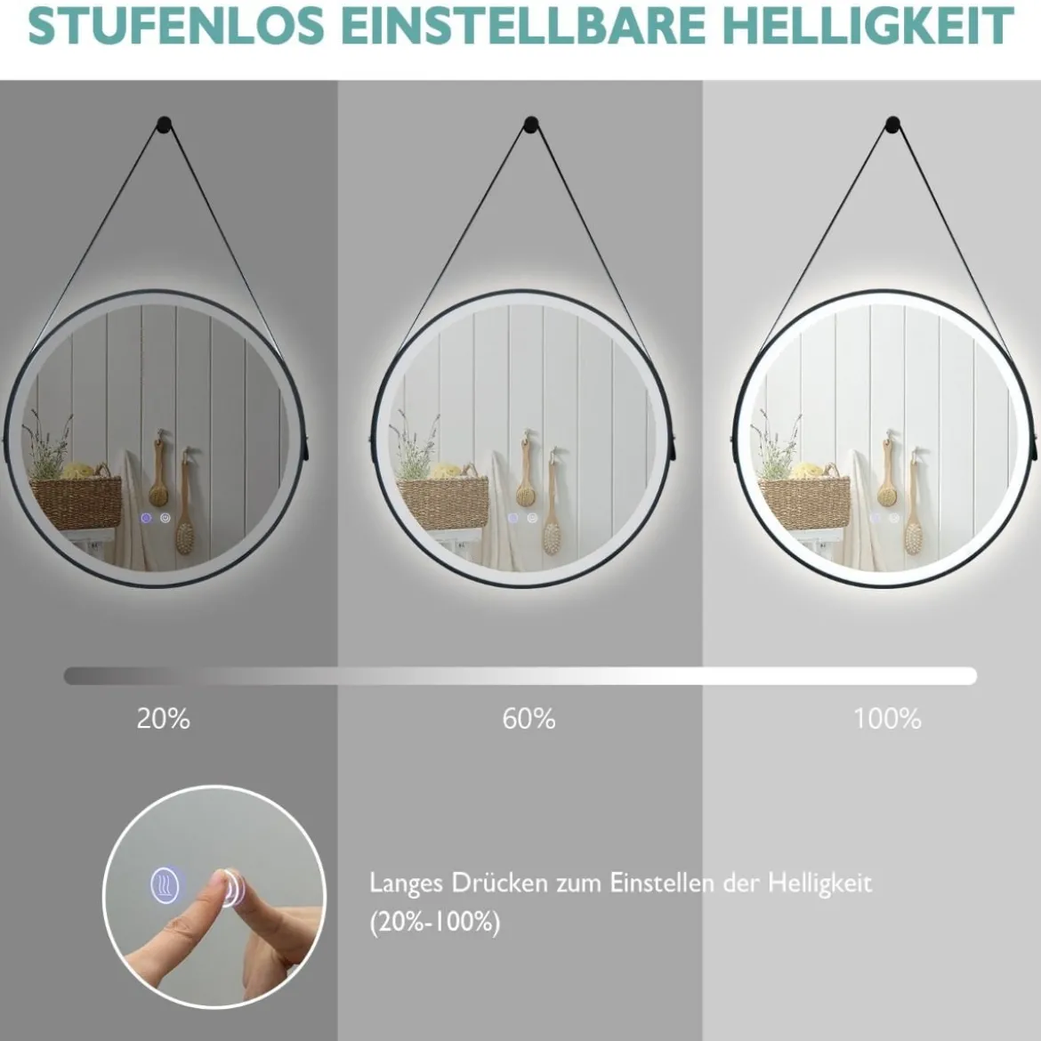 Runder LED-Badezimmerspiegel mit 3 Farbtemperaturen 61 cm Durchmesser