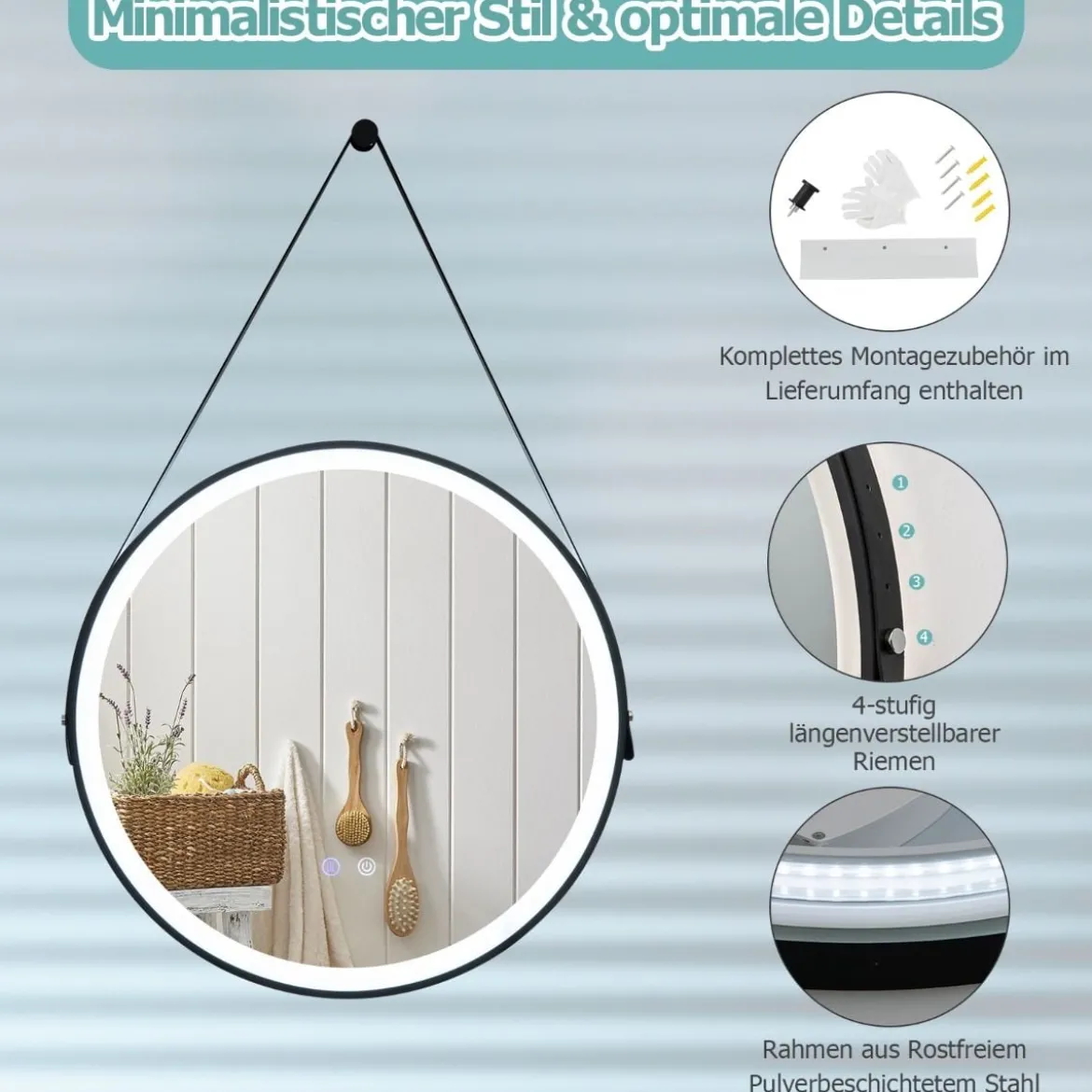 Runder LED-Badezimmerspiegel mit 3 Farbtemperaturen 61 cm Durchmesser
