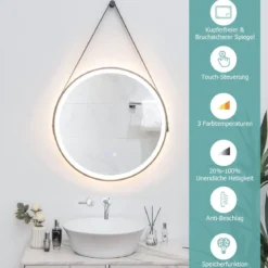 Runder LED-Badezimmerspiegel mit 3 Farbtemperaturen 61 cm Durchmesser