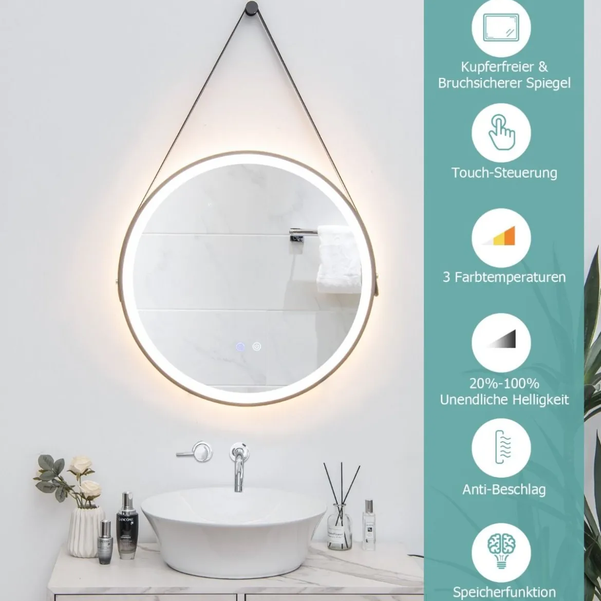 Runder LED-Badezimmerspiegel mit 3 Farbtemperaturen 61 cm Durchmesser