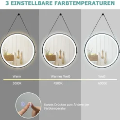 Runder LED-Badezimmerspiegel mit 3 Farbtemperaturen 61 cm Durchmesser