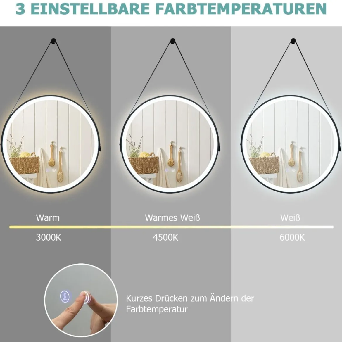 Runder LED-Badezimmerspiegel mit 3 Farbtemperaturen 61 cm Durchmesser