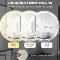 Runder LED-Spiegel Badezimmerspiegel zur Wandmontage 3000 K-6000 K Ø 60 cm