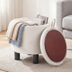 Runder Sitzhocker aus Leinen Ø38 cm gepolsterter Fußhocker mit Stauraum Beige