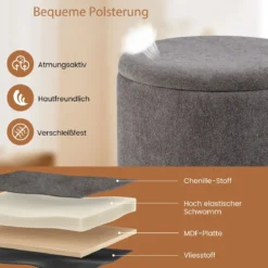 Runder Sitzhocker mit Abnehmbarem Deckel & Holzbeine Polsterhocker Schminkhocker Grau