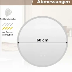 Runder Spiegel mit 3 Lichtfarben & Stufenlose Dimmung & Anti-Beschlag Wandspiegel Ø60 cm