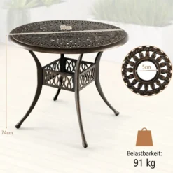 Runder Terrassen-Esstisch Bistrotisch aus Aluminiumguss mit Schirmloch Ø90 x 74 cm Braun