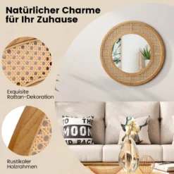 Runder Wandspiegel Rattan ∅ 65 cm dekorativer Spiegel mit Holzrahmen Natur