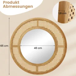 Runder Wandspiegel Rattan ∅ 65 cm dekorativer Spiegel mit Holzrahmen Natur