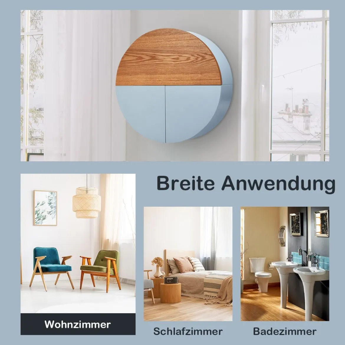 Runder Waschtisch zur Wandmontage mit ausklappbarer Tischplatte 72 x 72 x 15 cm Grau