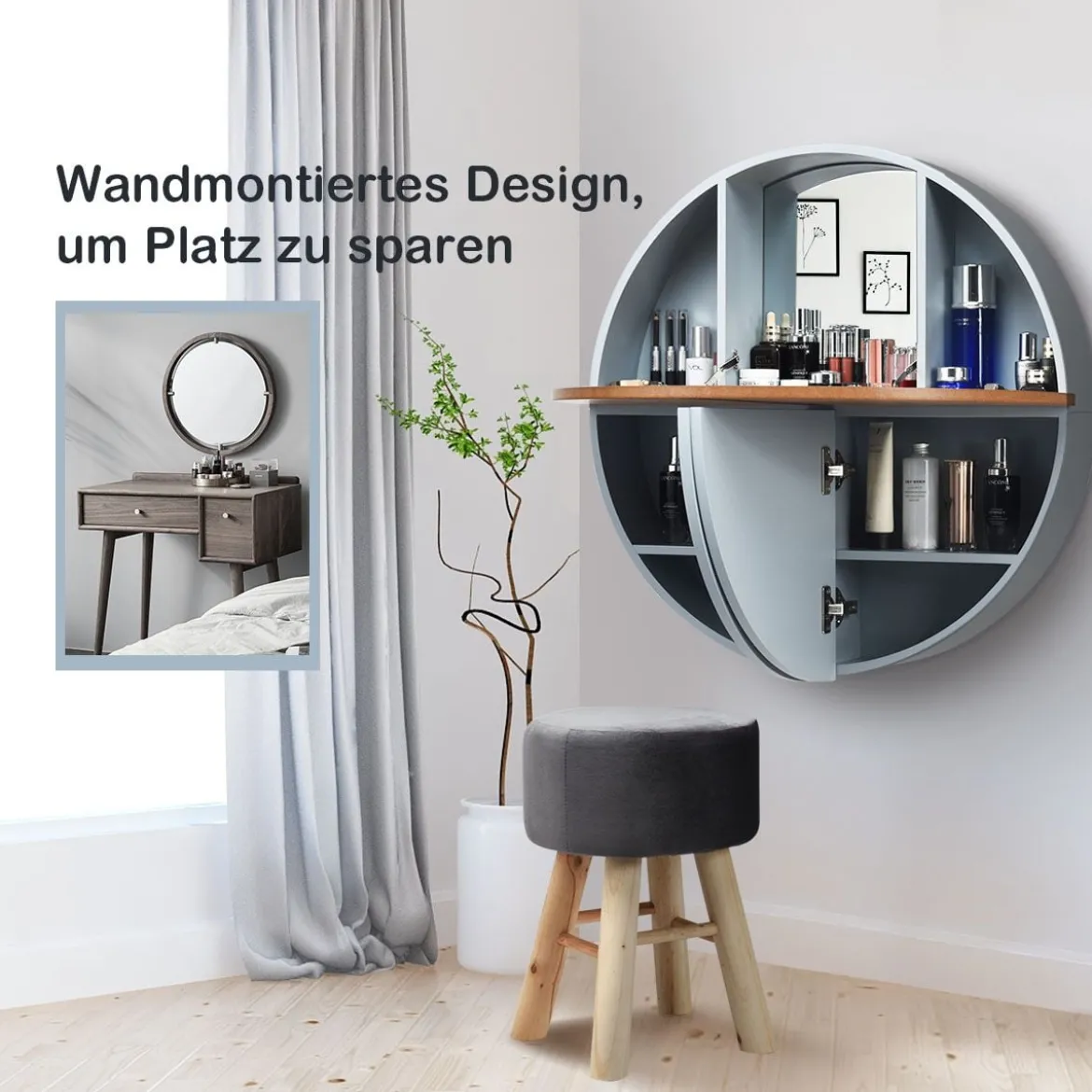 Runder Waschtisch zur Wandmontage mit ausklappbarer Tischplatte 72 x 72 x 15 cm Grau