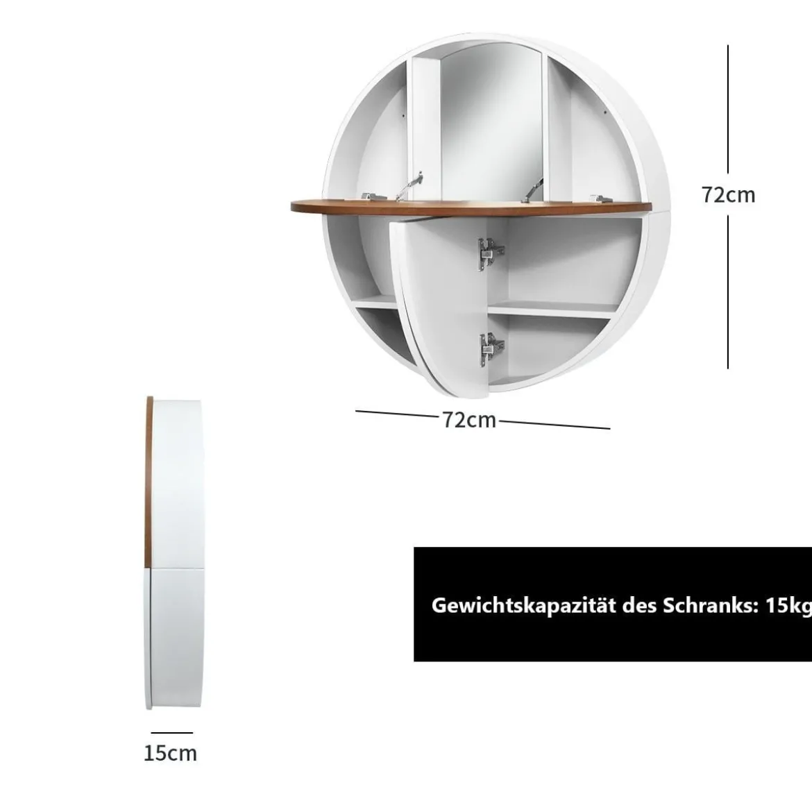 Runder Waschtisch zur Wandmontage Wandklapptisch Schminktisch 72 x 72 x 15 cm Weiß