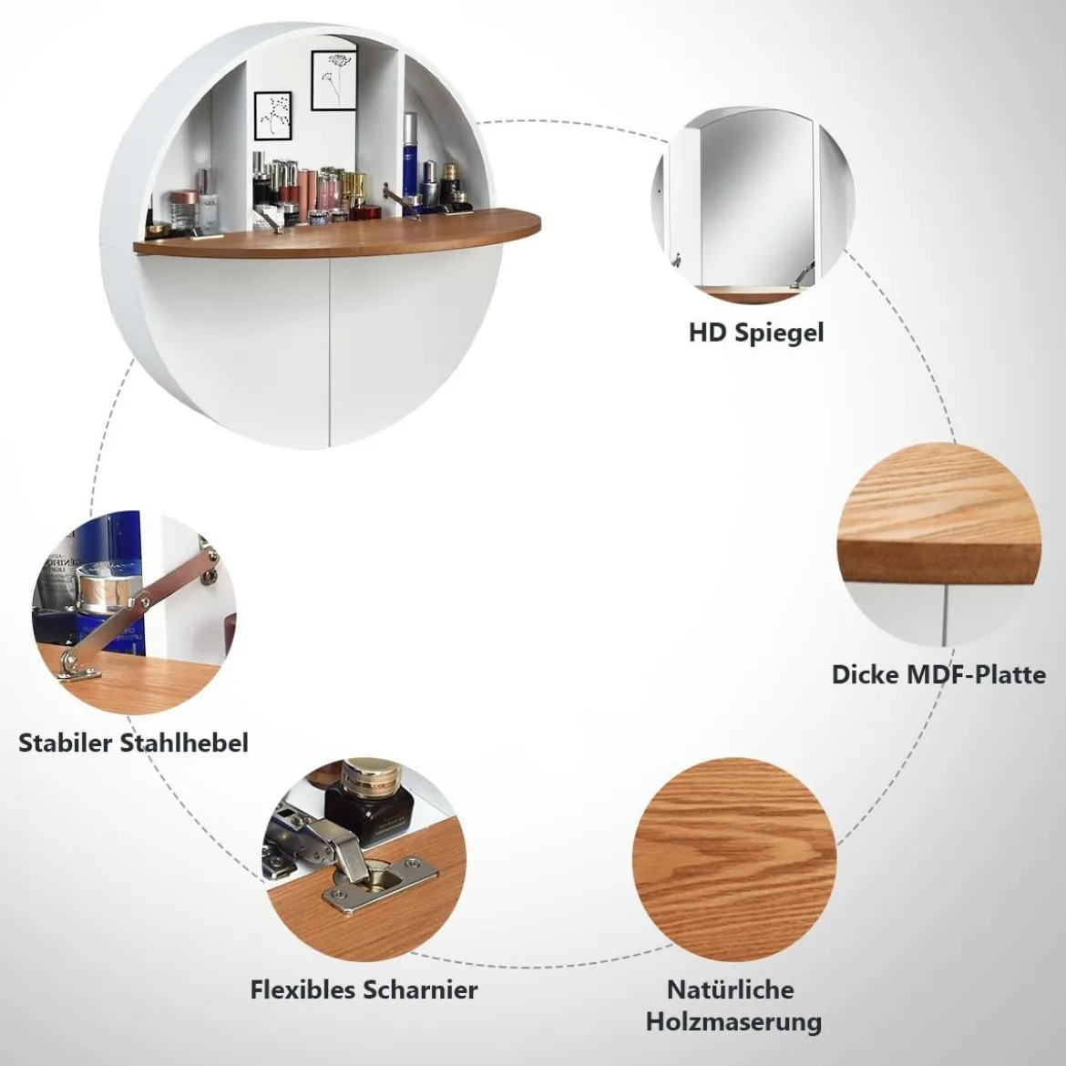 Runder Waschtisch zur Wandmontage Wandklapptisch Schminktisch 72 x 72 x 15 cm Weiß