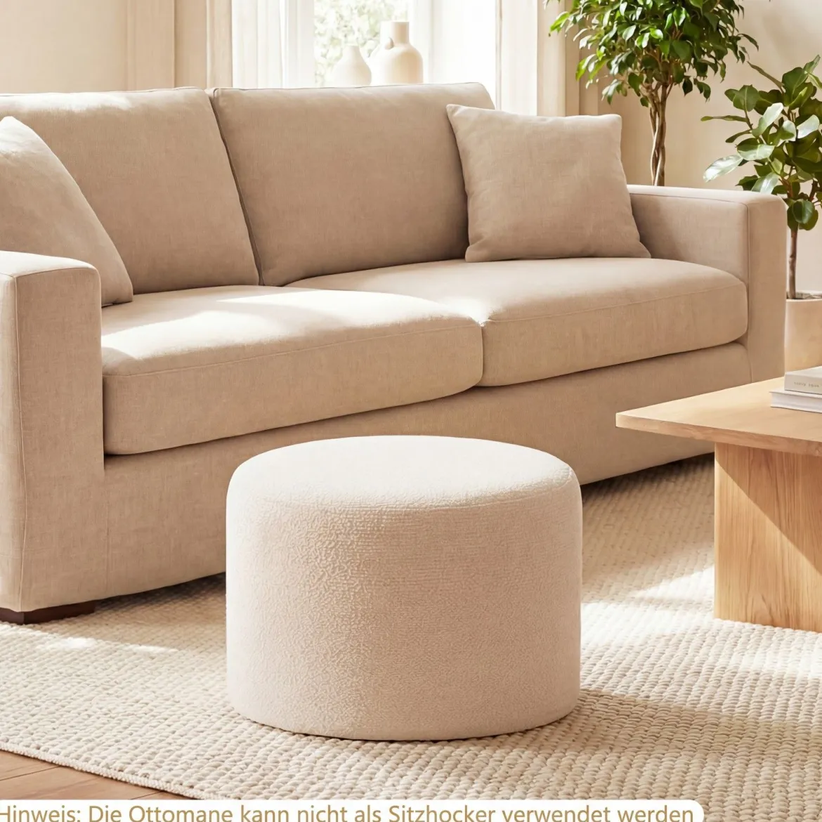 Runde Sitzpouf 45 x 35 cm weiche Ottomane mit Schaumstofffüllung & Loop-Garn-Stoff Beige