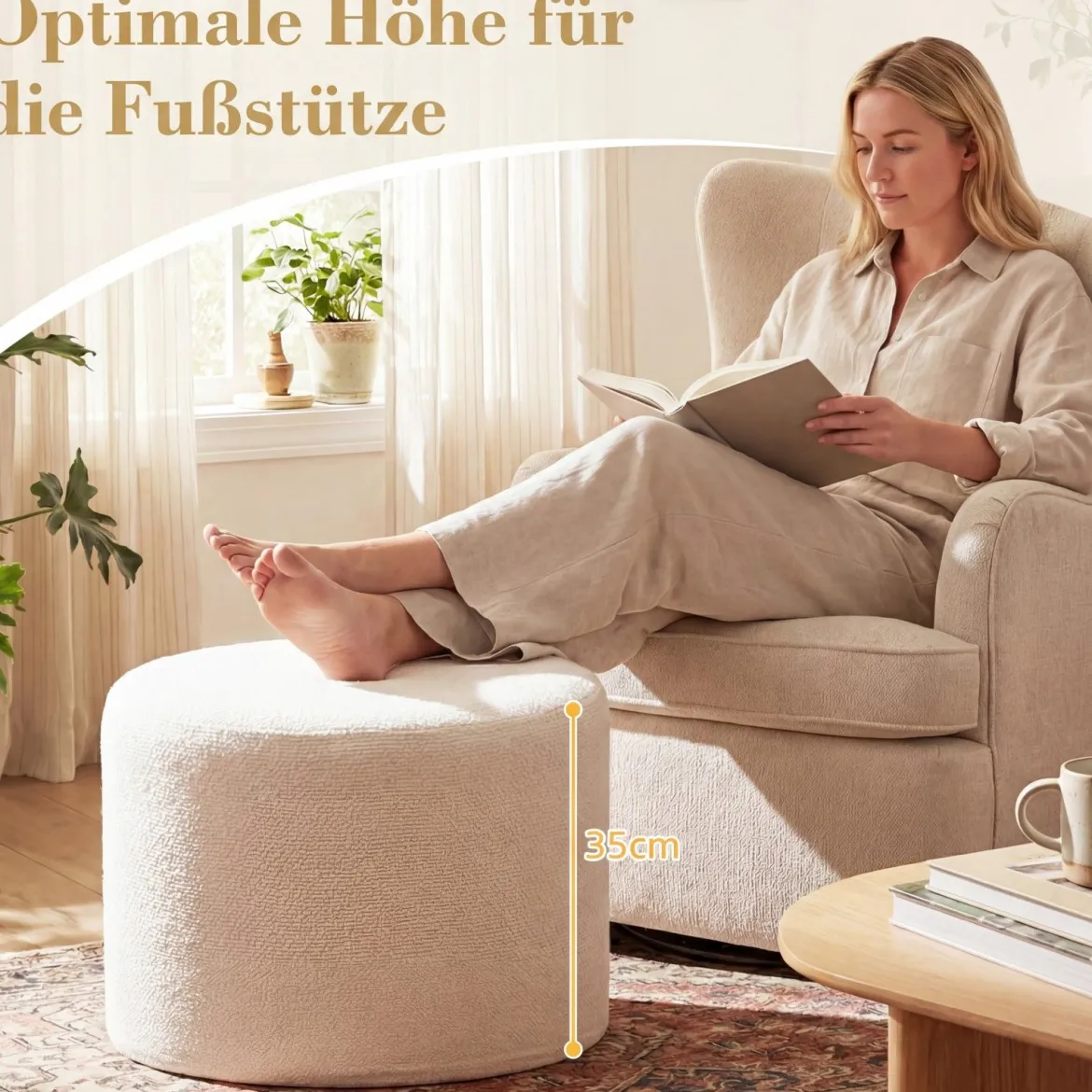 Runde Sitzpouf 45 x 35 cm weiche Ottomane mit Schaumstofffüllung & Loop-Garn-Stoff Beige