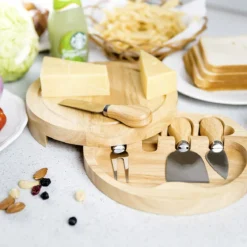 Rund Hölzern Käsebrett & Messer Service-set Käseset Käseplatte Holz und 4tlg Besteck