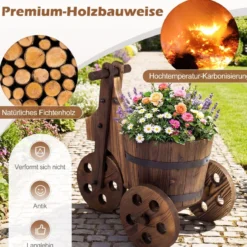 Rustikaler Holz-Dreirad-Blumenkübel Fässer-Blumentopf-Wagen mit Ablauflöch für Gemüse- Kräuteranbau Kaffee