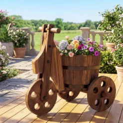 Rustikaler Holz-Dreirad-Blumenkübel Fässer-Blumentopf-Wagen mit Ablauflöch für Gemüse- Kräuteranbau Kaffee