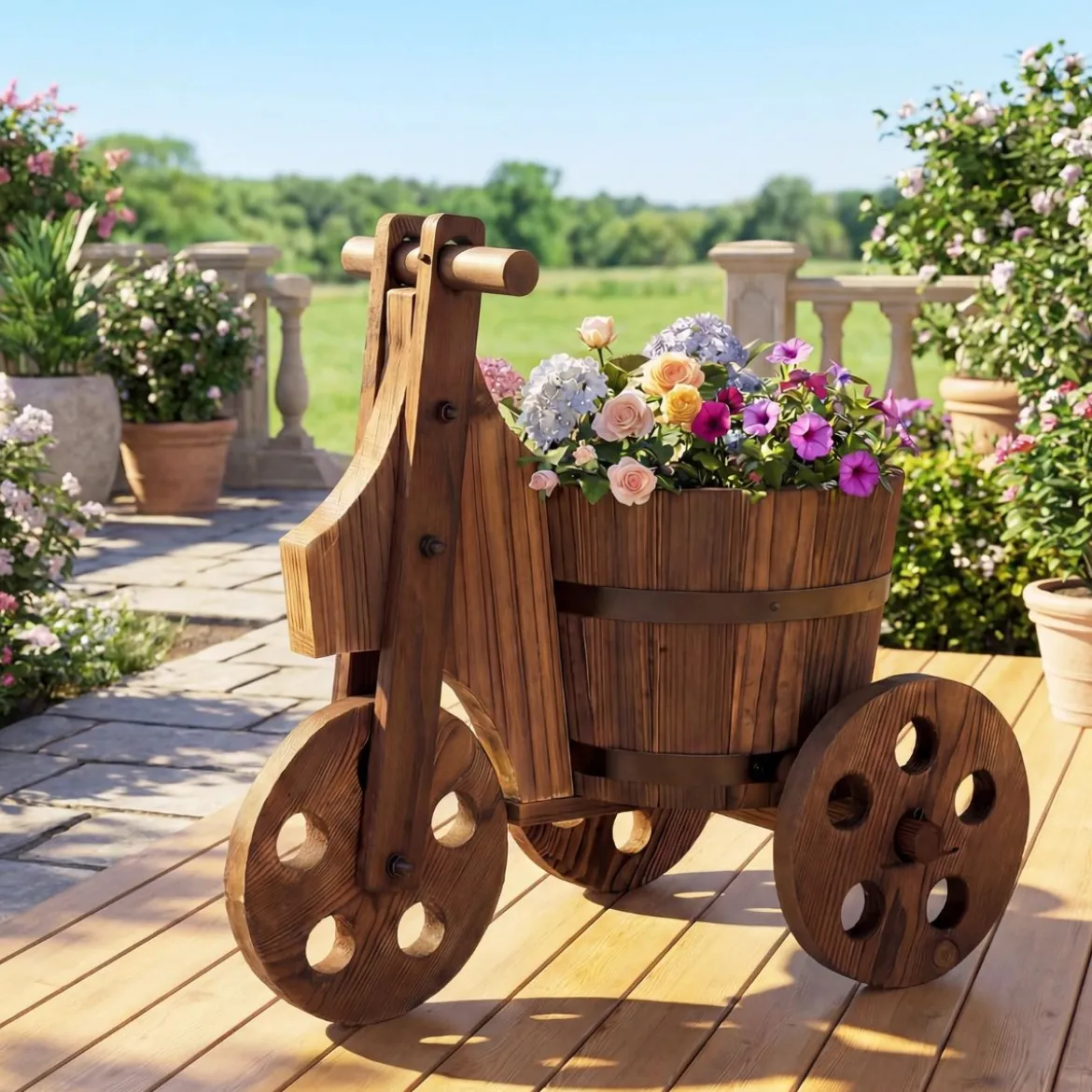 Rustikaler Holz-Dreirad-Blumenkübel Fässer-Blumentopf-Wagen mit Ablauflöch für Gemüse- Kräuteranbau Kaffee