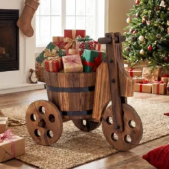 Rustikaler Holz-Dreirad-Blumenkübel Fässer-Blumentopf-Wagen mit Ablauflöch für Gemüse- Kräuteranbau Kaffee