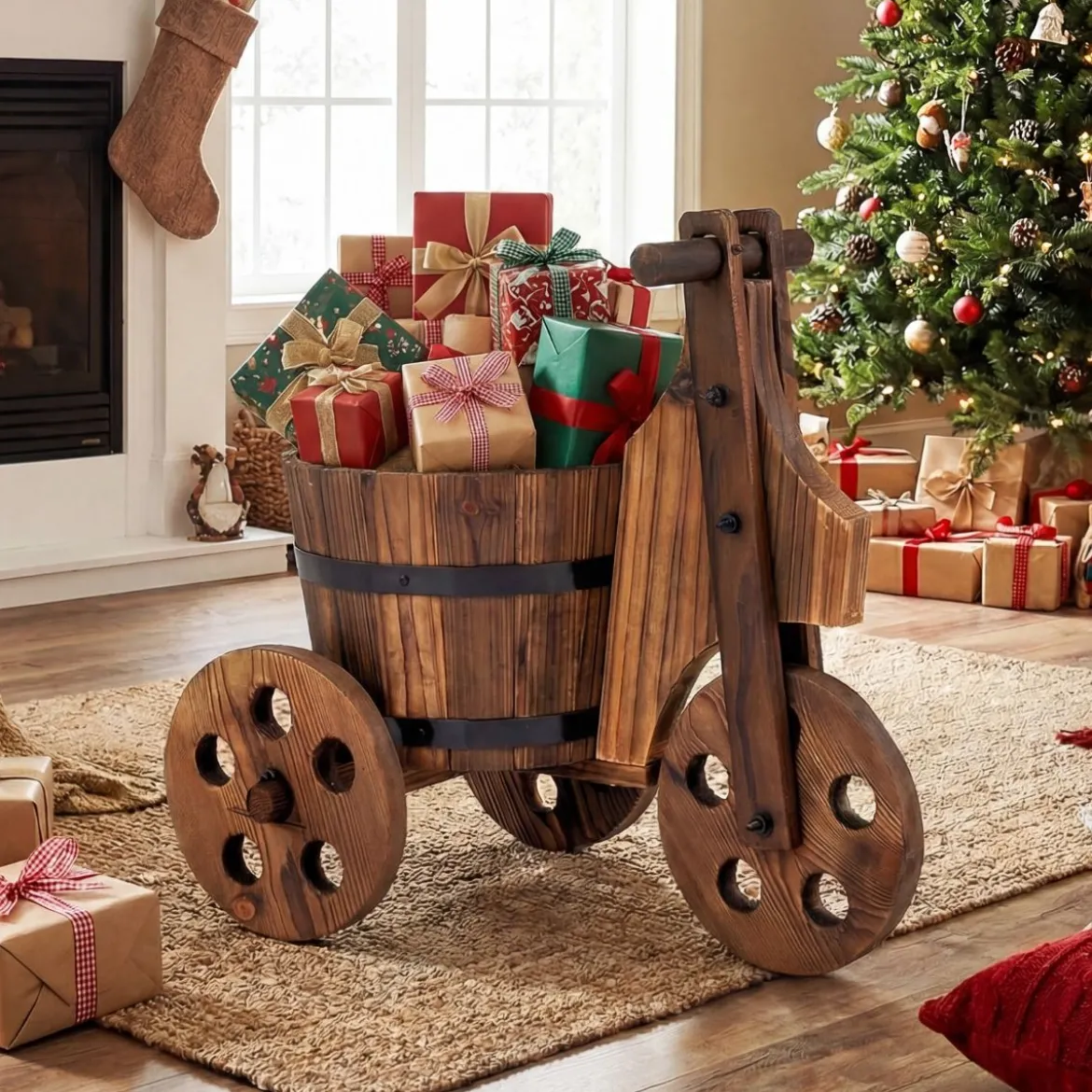 Rustikaler Holz-Dreirad-Blumenkübel Fässer-Blumentopf-Wagen mit Ablauflöch für Gemüse- Kräuteranbau Kaffee