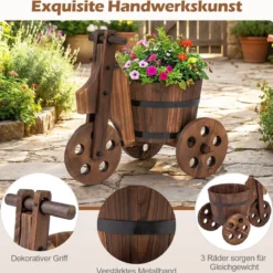 Rustikaler Holz-Dreirad-Blumenkübel Fässer-Blumentopf-Wagen mit Ablauflöch für Gemüse- Kräuteranbau Kaffee
