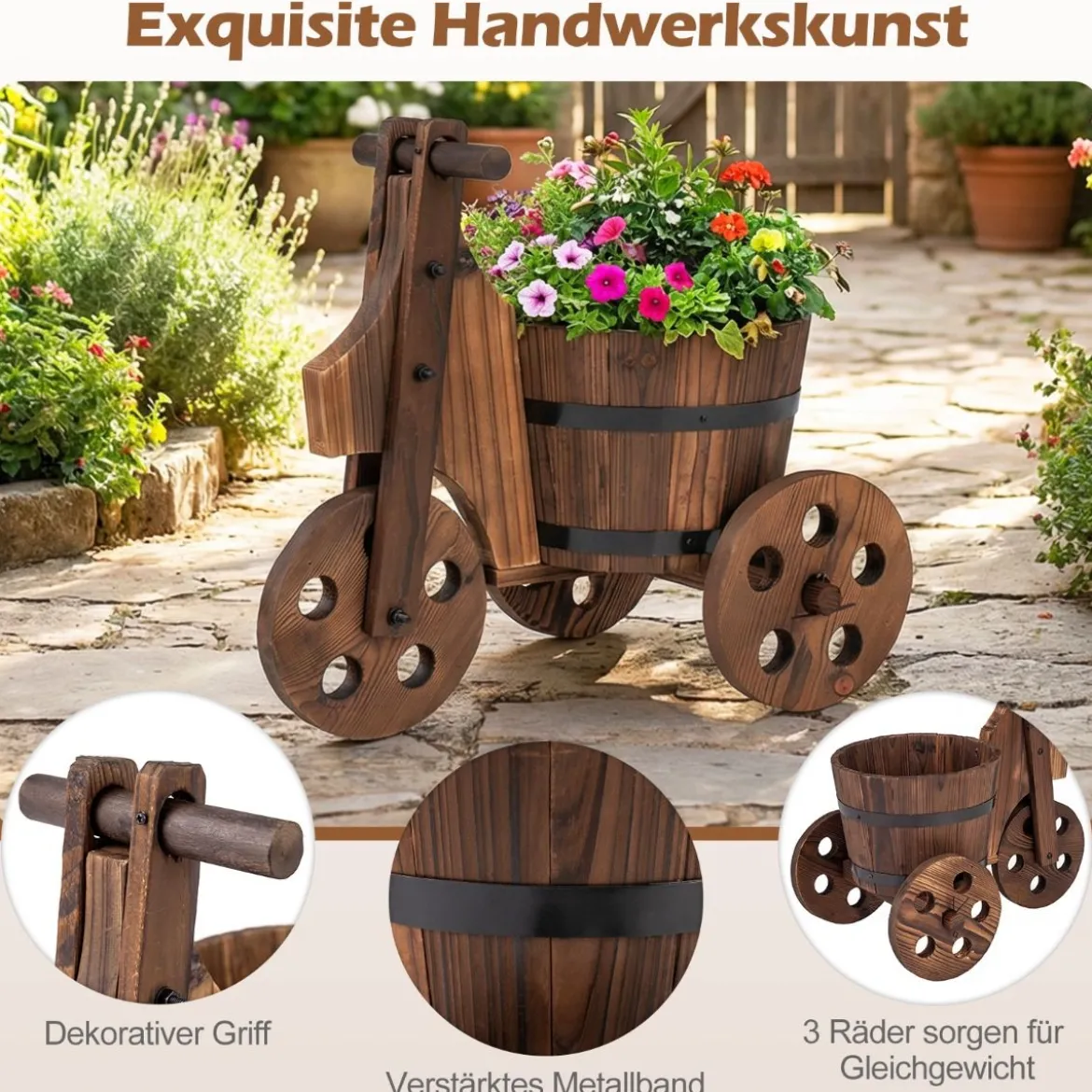 Rustikaler Holz-Dreirad-Blumenkübel Fässer-Blumentopf-Wagen mit Ablauflöch für Gemüse- Kräuteranbau Kaffee