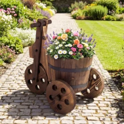 Rustikaler Holz-Dreirad-Blumenkübel Fässer-Blumentopf-Wagen mit Ablauflöch für Gemüse- Kräuteranbau Kaffee