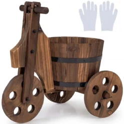 Rustikaler Holz-Dreirad-Blumenkübel Fässer-Blumentopf-Wagen mit Ablauflöch für Gemüse- Kräuteranbau Kaffee
