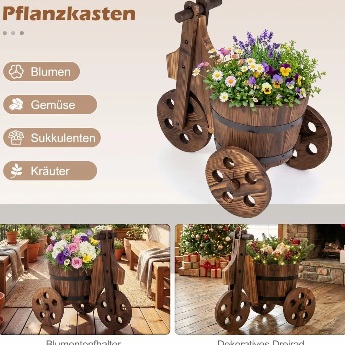 Rustikaler Holz-Dreirad-Blumenkübel Fässer-Blumentopf-Wagen mit Ablauflöch für Gemüse- Kräuteranbau Kaffee