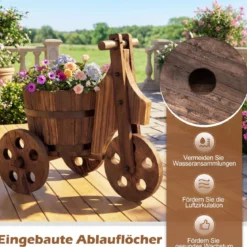Rustikaler Holz-Dreirad-Blumenkübel Fässer-Blumentopf-Wagen mit Ablauflöch für Gemüse- Kräuteranbau Kaffee