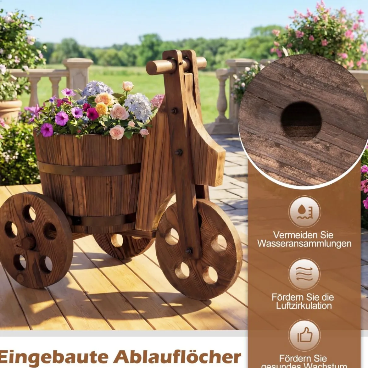 Rustikaler Holz-Dreirad-Blumenkübel Fässer-Blumentopf-Wagen mit Ablauflöch für Gemüse- Kräuteranbau Kaffee