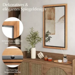 Rustikaler Holzspiegel mit rechteckigem Rahmen dekorativer Hängespiegel 55 x 90 cm Natur