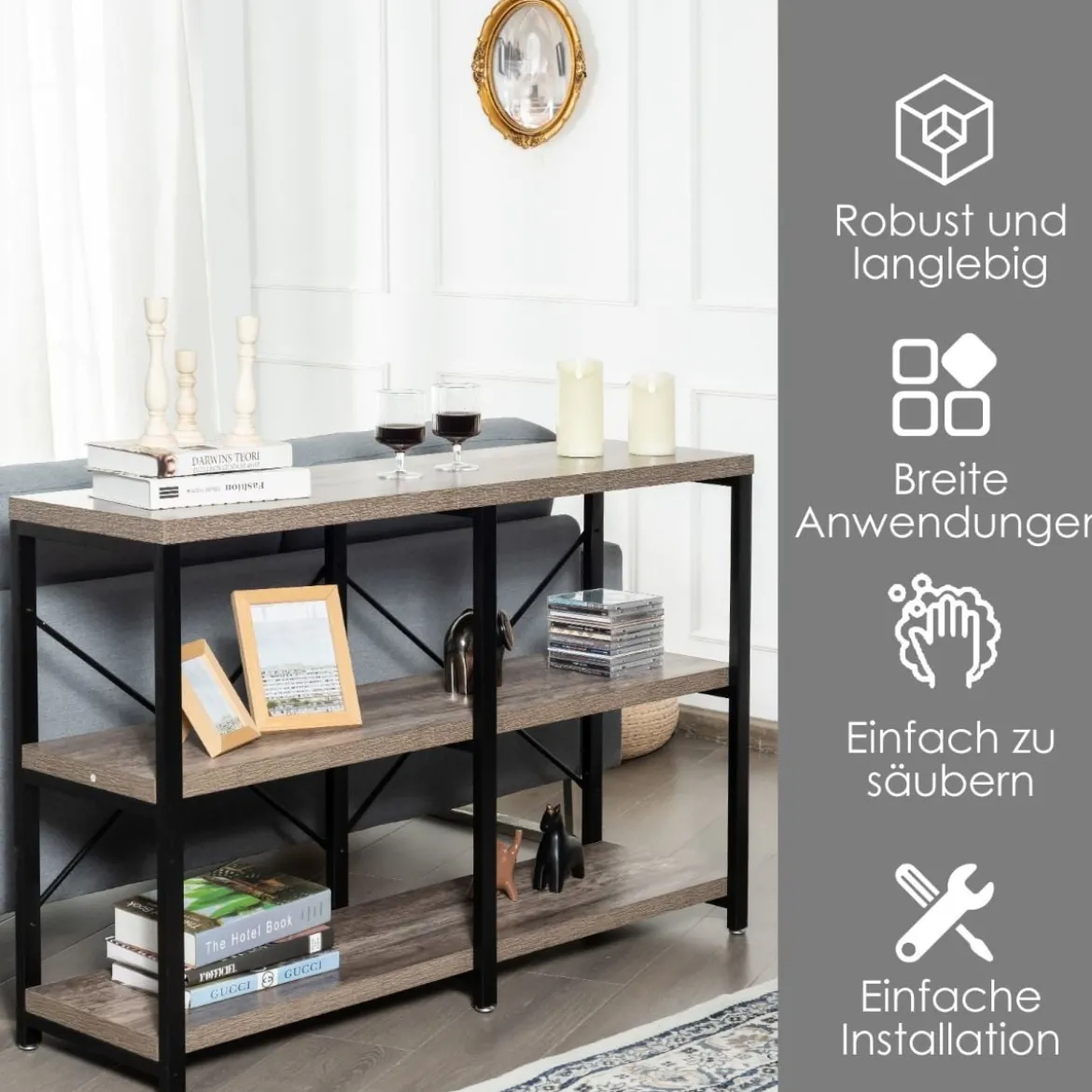 Rustikaler 3-Stufiger Konsolentisch mit Lagerregalen & X-Form & Langlebigem Metallrahmen Kaffee