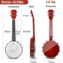 4 Saiten Banjo 24 Zoll mit Reinigungstuch Stimmgerät Gurt Saiten Tasche Reise Banjolele Set für Kinder & Anfänger